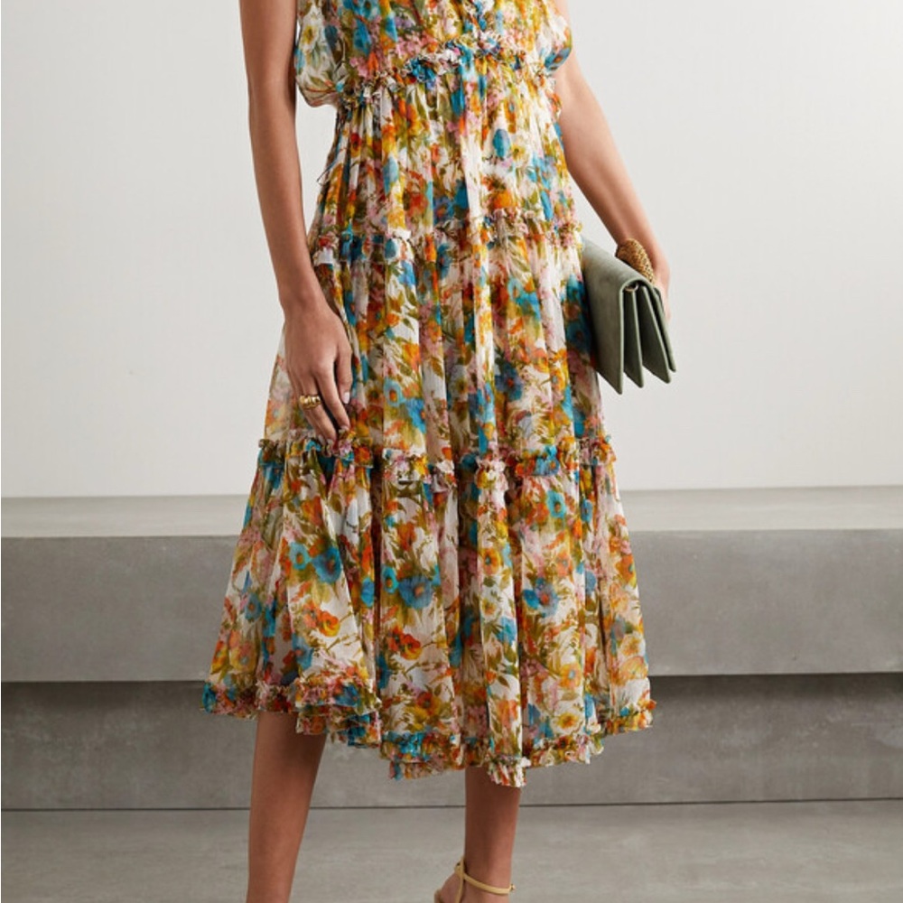Zimmermann Orange Yellow Ruched Tiered Midi Dress